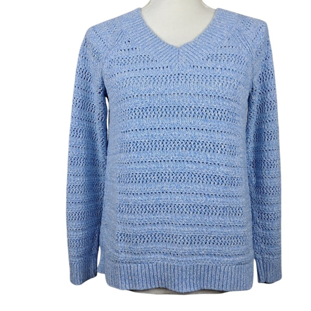 TALBOTS S Blue V Neck Sweater Open Knit Raglan Sleeve Hi-Lo Hem Coastal Grandma